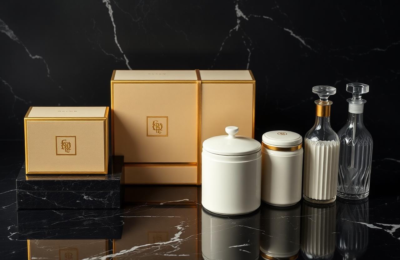 Bespoke gold-embossed amenity collection on dark marble
