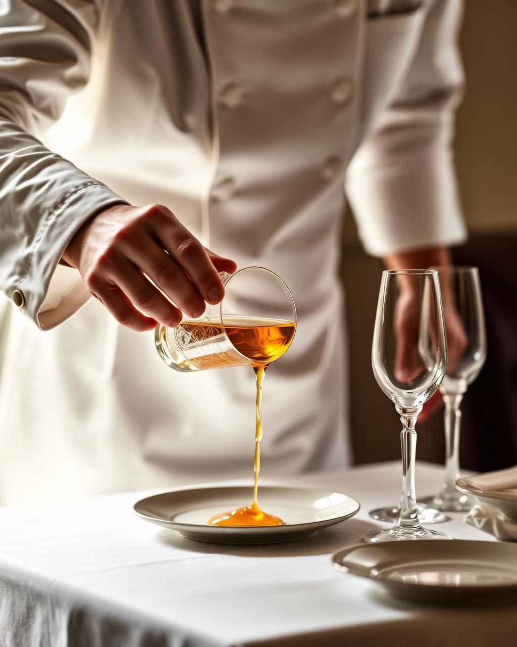 A chef pouring a golden infusion at a set table